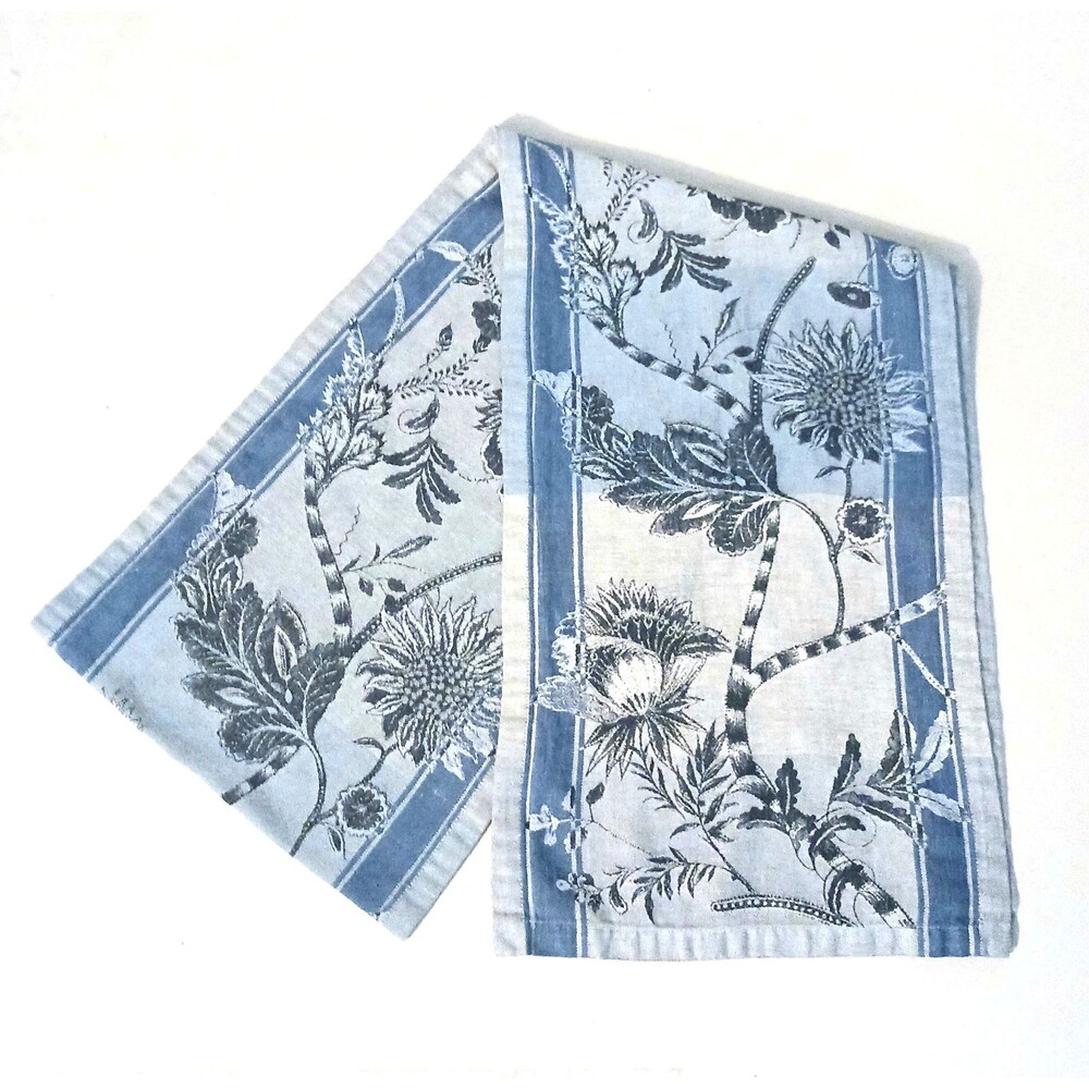 Williams Sonoma Table Runner Blue Linen Blend Floral Jacquard Print 15X100 Long